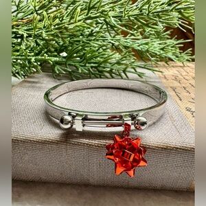 New Red Bow Silvertone Birthday Holiday Hinged Bangle Bracelet - Size Small (7”)